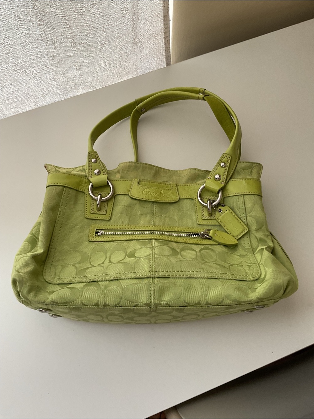 Coach Lime Green Signature Shoulder Tote - Gem